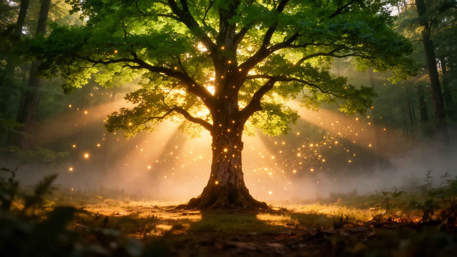A luminous ancient tree at golden hour in a misty forest